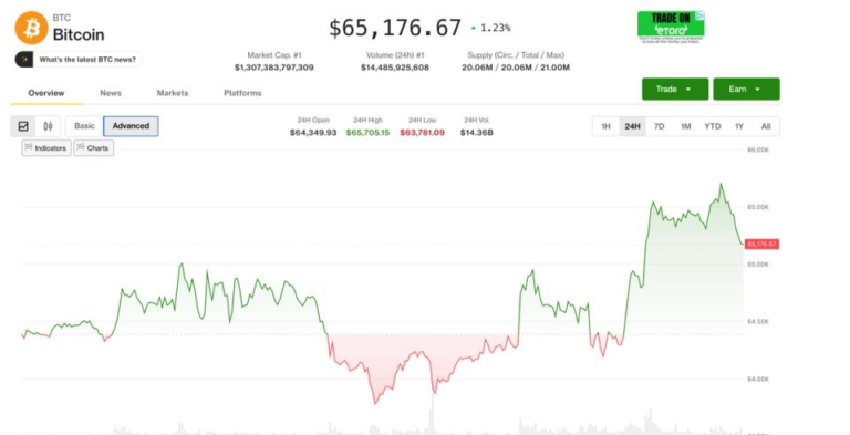 Bitcoin rises to one-month high of $65,700 before pulling back with stocks